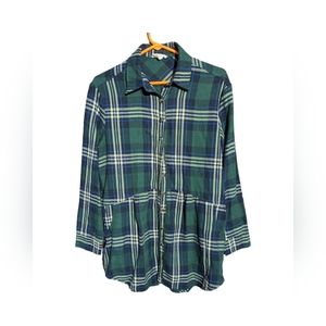 "Love"Green/Navy/Yellow Plaid Button Up Collared Top, Pre-Loved, Pockets, Small